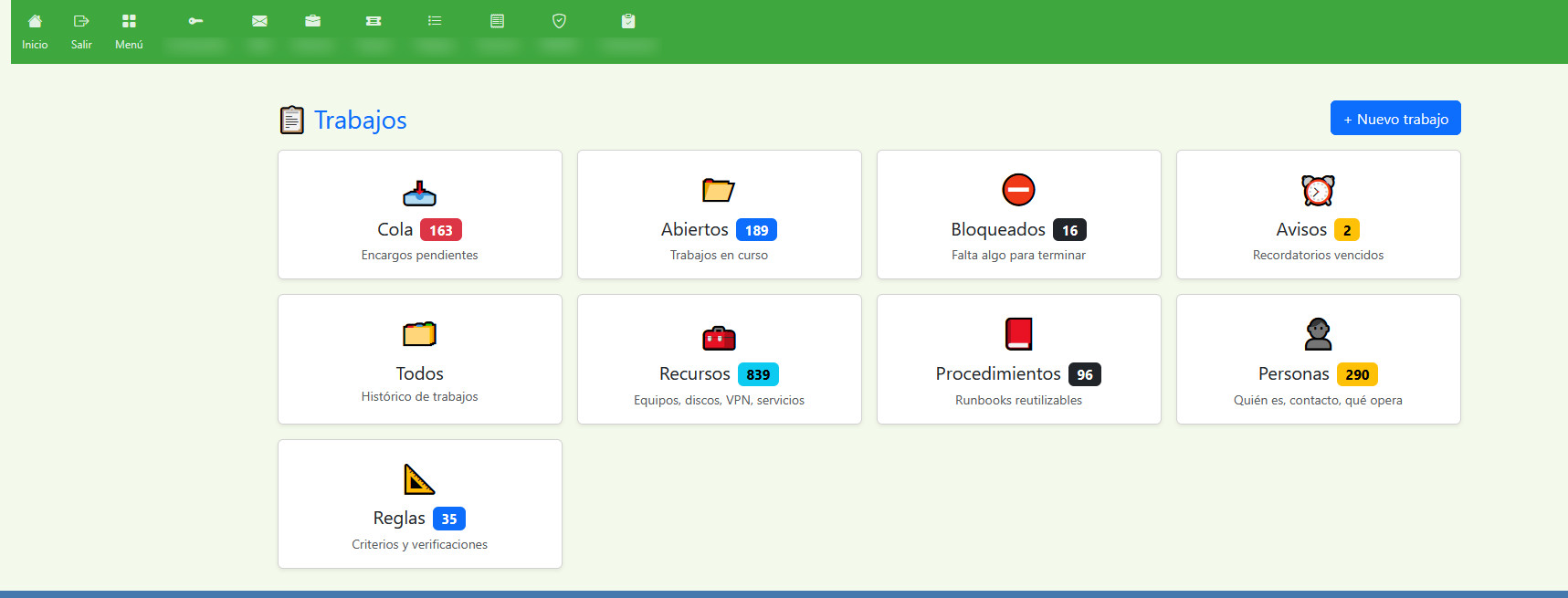 Home screen of the jobs module: cards showing the queue of pending requests, open jobs, blocked jobs and overdue reminders, and below them the inventory of resources, runbooks, people and rules, each card with its counter.